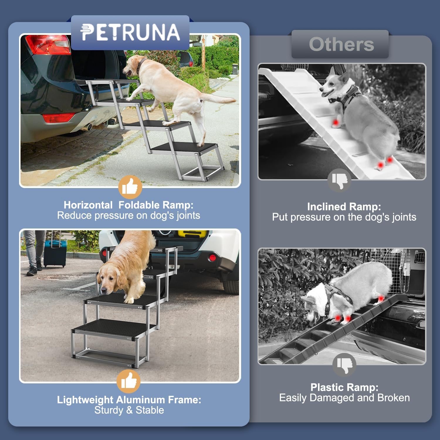 Dog Stairs for Car, Foldable Dog Ramp for Car with Non-Slip Surface, Portable Stairs Aluminum SUV, High Beds, Truck, Supports up to 150 lbs, 4 Steps