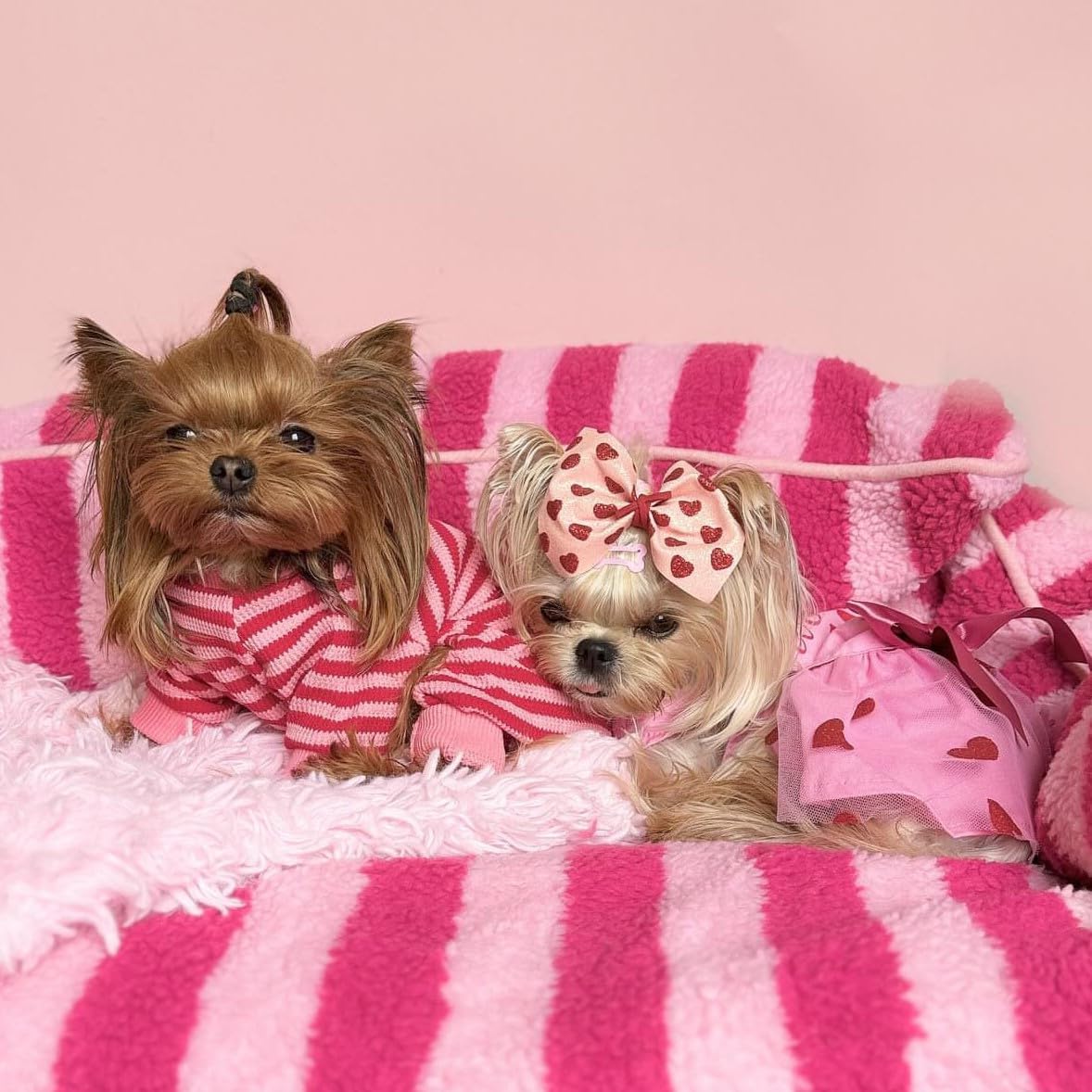 Fitwarm Pink and Red Striped Dog Pajamas, Waffle Dog Clothes for Small Dogs Girl Boy, Puppy Onesie with Feet, Pet Cat Outfit, Small