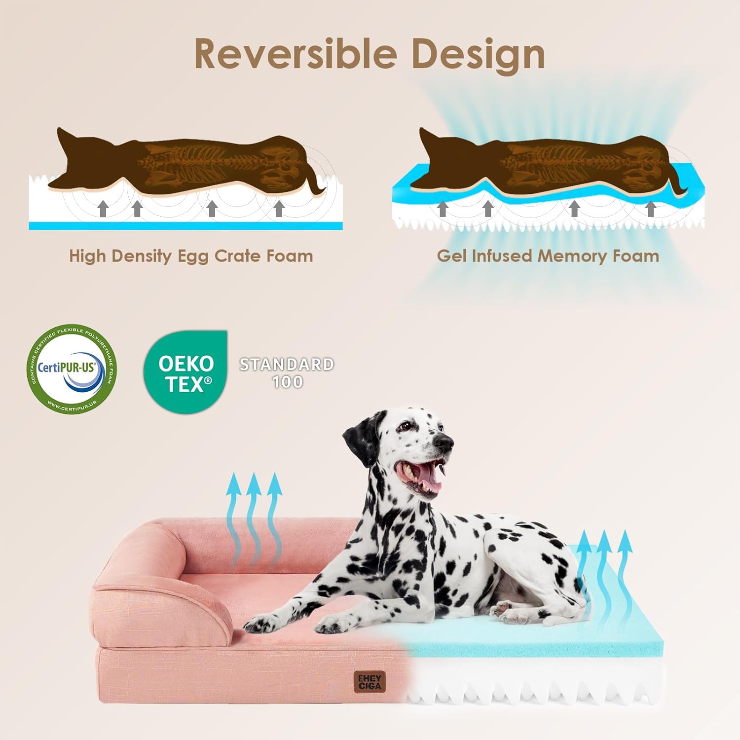 EHEYCIGA Orthopedic XL Dog Beds, Waterproof Memory Foam Dog Bed for Extra Large Dogs, Non-Slip Bottom and Egg-Crate Foam Big Pet Couch Bed with Washable Removable Cover, Dusty Pink