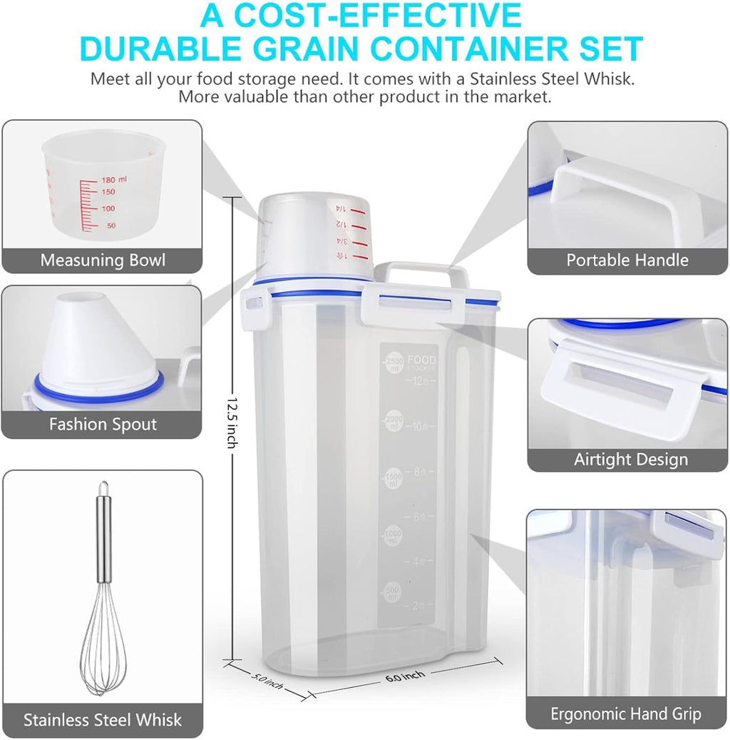 Rice Airtight Dry Food Storage Containers, BPA Free Plastic Sealed Holder Bin Dispenser with Pouring Spout, Measuring Cup for Cereal, Flour and Oatmeal, Include a Stainless Steel Whisk