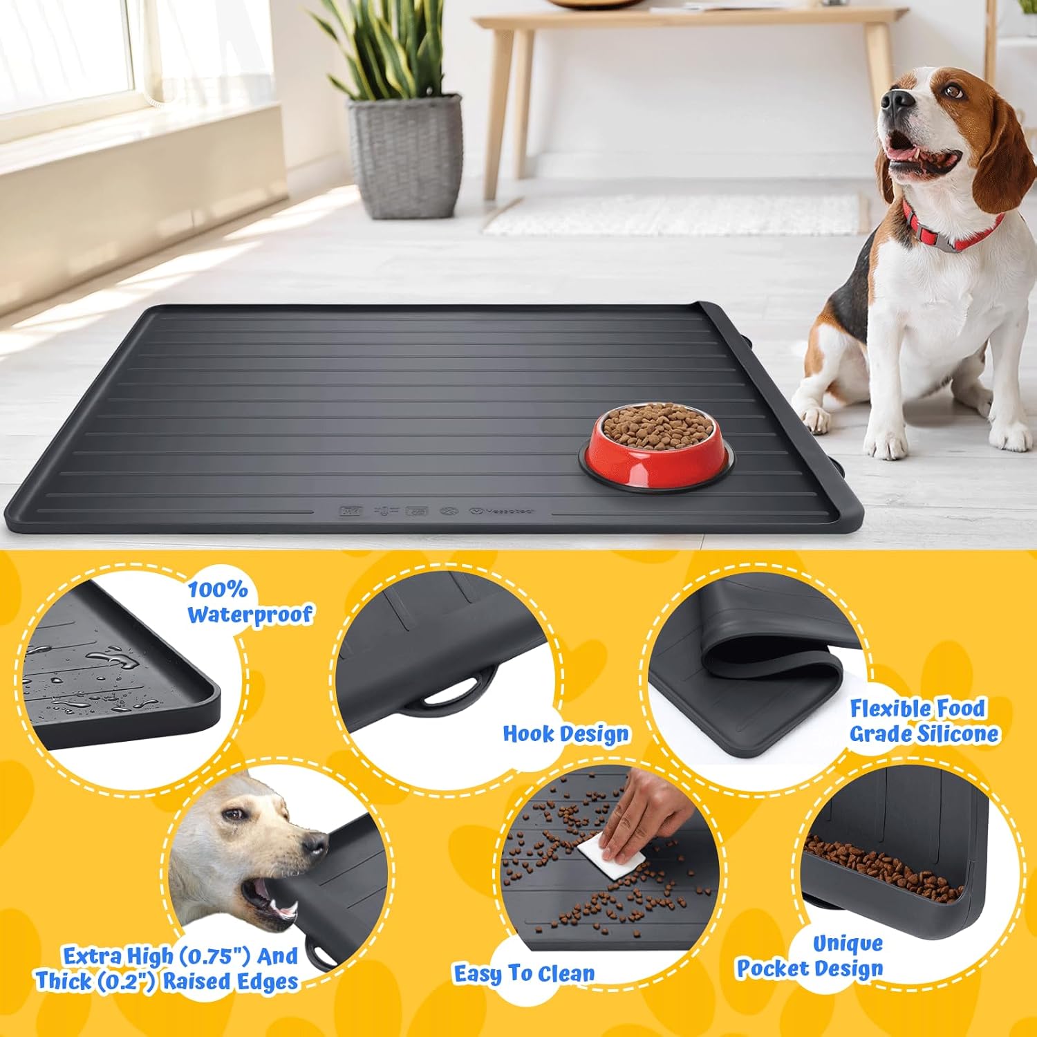 Dog Feeding Mat - 39''x27'' Large Silicone Pet Food Mats with Residue Collection Pocket and High Edges, Floors Waterproof Dog Cat Bowl Mat Prevent Water Food Spills, Black