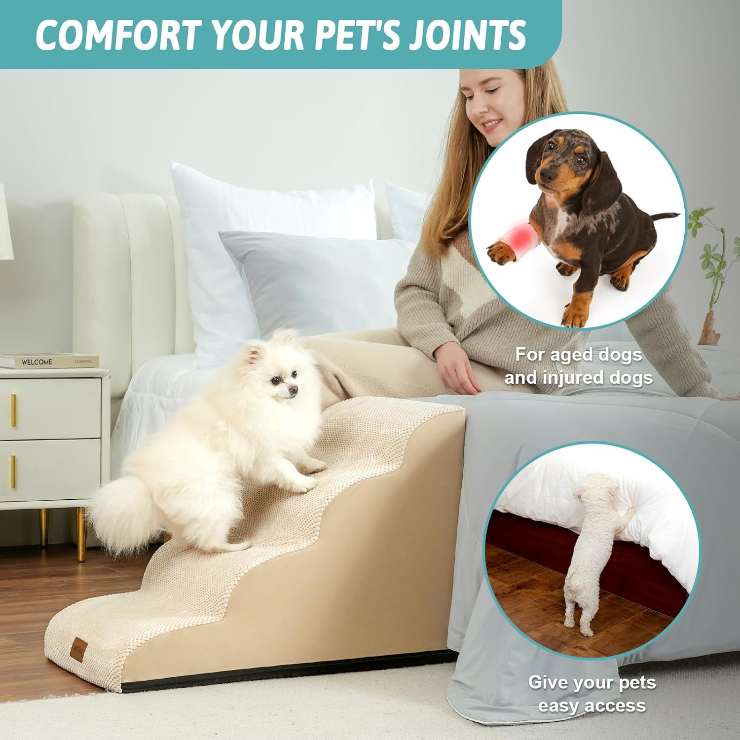 Dog Stairs for Small Dogs 19.7" H, Curved Dog Step for Puppy, Older or Cat, Medium Pet Ramp for Sofa, Couch or Bed, Ladder with High Density Foam, 15.7x28.3x19.7 inch, 4 Step, Beige