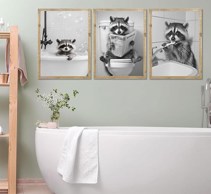 Funny Raccoon Bathroom Canvas Wall Art Black and White Cute Raccoon Sitting on Toilet Poster Print Artwork Humor Adorable Animals Pictures Wall Decor for Washroom Restroom laundry 16x24in Unframed