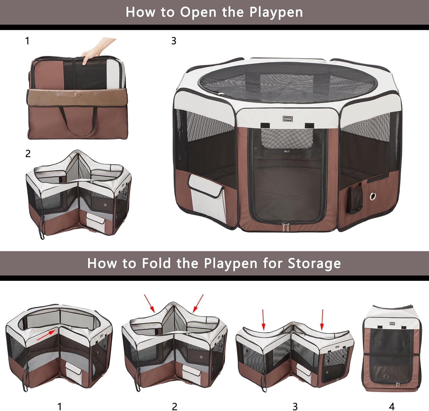 DONORO Dog Playpen 46" Portable Pet Play Pens for Small Medium Dogs, Foldable Exercise Kennel Tent Crate Indoor/Outdoor Travel Camping, Removable Top/Bottom (Brown, Large (46"x46"x23"), 8)