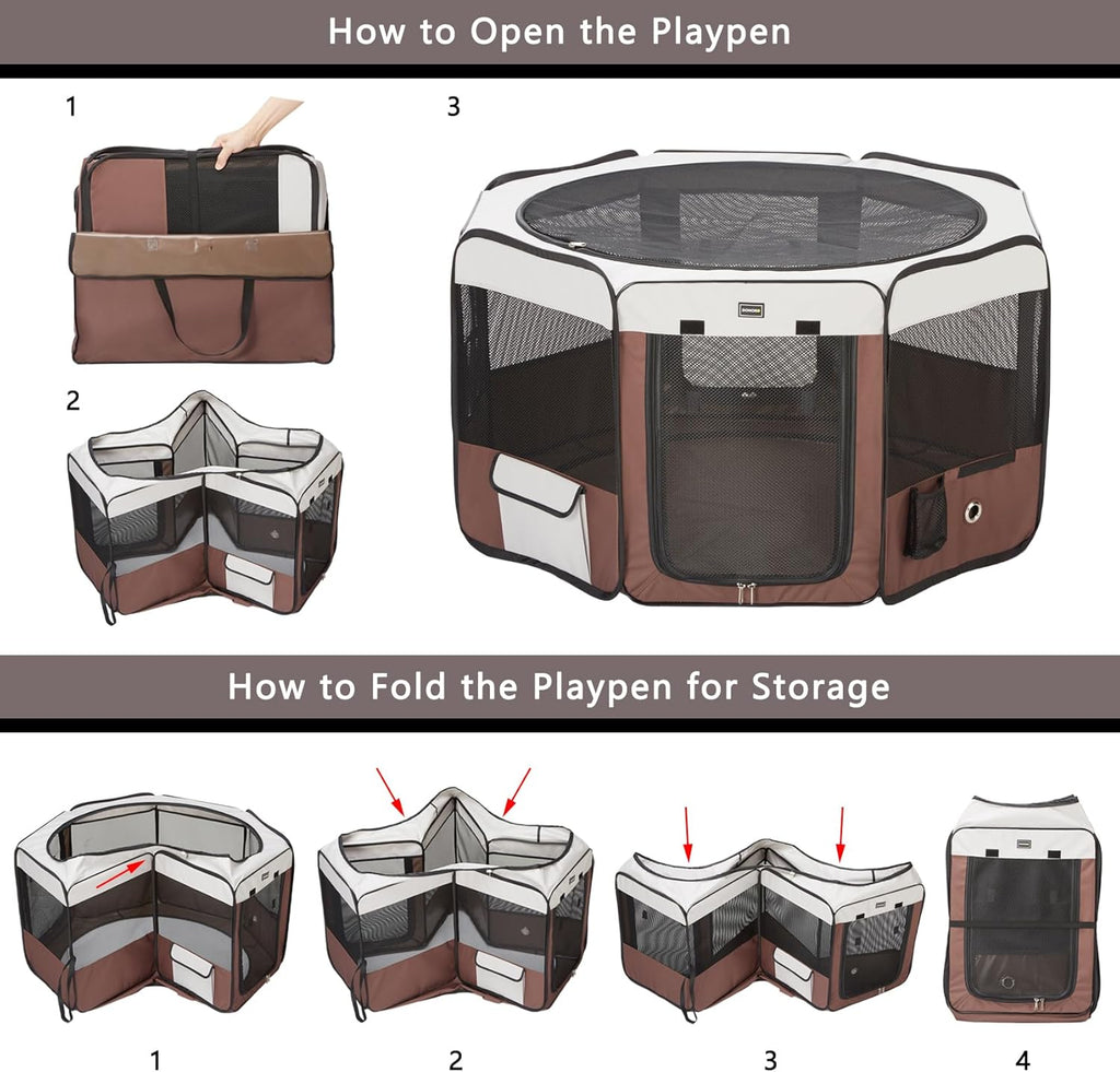 DONORO Dog Playpen Portable Pet Play Pens for Small Dog/Cat/Rabbit/Chicks, Cat Playpen Indoor/Outdoor with Carring Case, Removable Zipper Top and Bottom (Brown, Small (28"x28"x14"), 8)