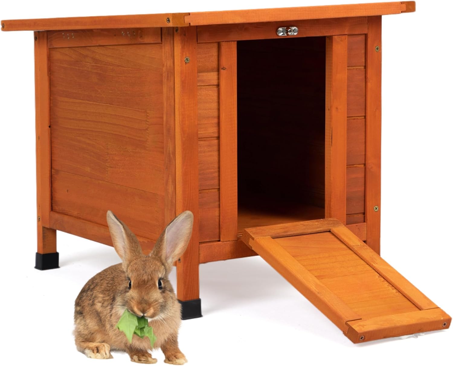 Coziwow Rabbit Hutch, Outdoor Cat House Weatherproof, Bunny Cage Indoor with Openable, Portable Small Animals Shelters with Nonslip Ramp for Hideout Rabbits/Feral Cats/Chicken/Small Animals-Orange