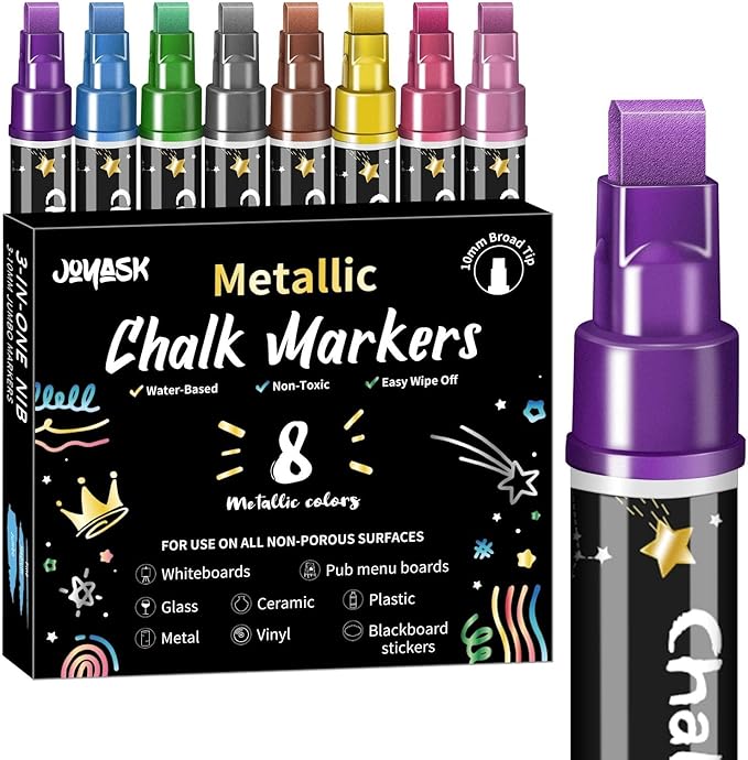 Liquid Chalk Markers for Blackboard, 8 Metallic Color Dry Erase Marker Pens with 10mm 3 in 1 Reversible Tip, Washable Chalkboard Markers Car Window Paint Pens for Christmas Glass Mirror Decor for Kids
