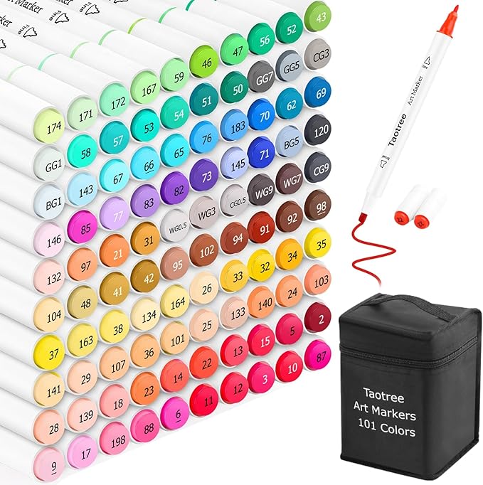 Taotree Alcohol Markers, 101 Colors Artist Markers Pens Set, Dual Tips Chisel & Fine Sketch Art Markers, Art Supplies Kit for Kids Adult Coloring Book, Painting, Drawing, Blending and Sketching