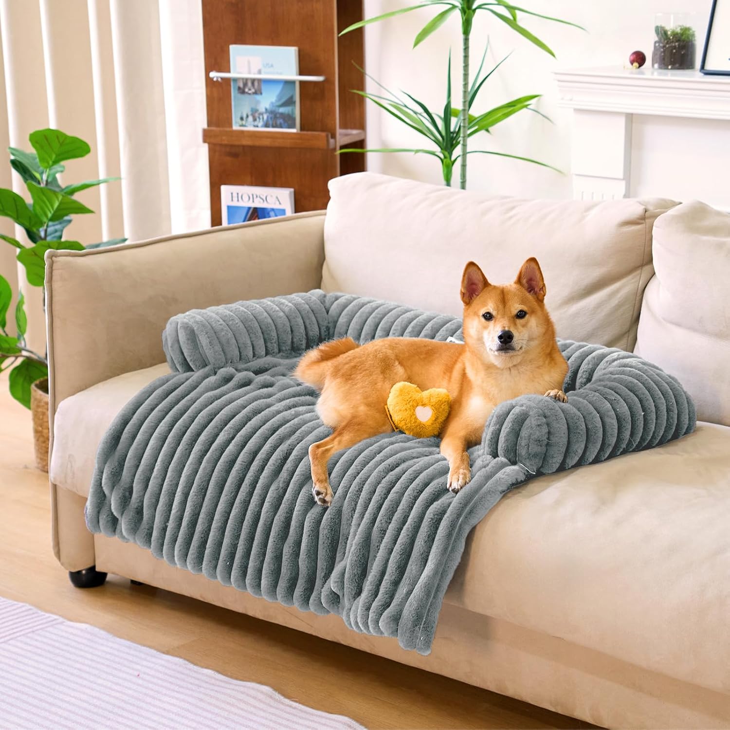 FUNNY FUZZY Pet Couch Cover for Sofa, Calming Dog Bed for Couch, Fluffy Plush Dog Couch Mat for Furniture Protector for Large Medium Small Dogs and Cats, Mist Grey
