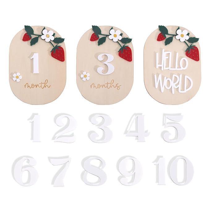 Strawberry Monthly Milestone Cards – Berry Sweet Baby Photo Props, Wooden Newborn Welcome Sign, 3 PCS Wooden and Acrylic Monthly Milestone and Hello World Boards, Month Growth Markers