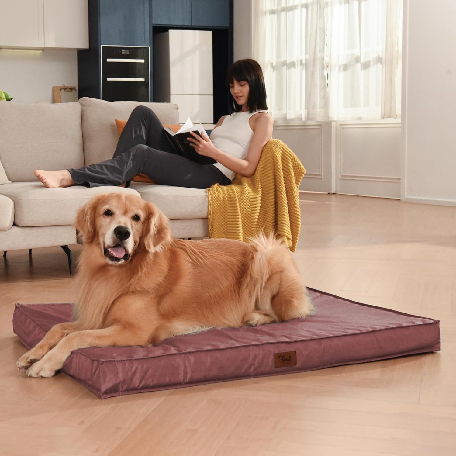 Outdoor Large Dog Bed, Waterproof Dog Bed for Large Dogs, Egg Crate Foam Pet Bed with Removable Washable Oxford Cooling Cover, Pink
