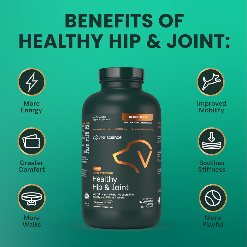 VetriScience Glycoflex 3 Clinically Proven Hip and Joint Supplement for Dogs - Maximum Strength Dog Supplement with Glucosamine, MSM, Green Lipped Mussel & DMG - 120 Chewable Tablets, Chicken Flavor