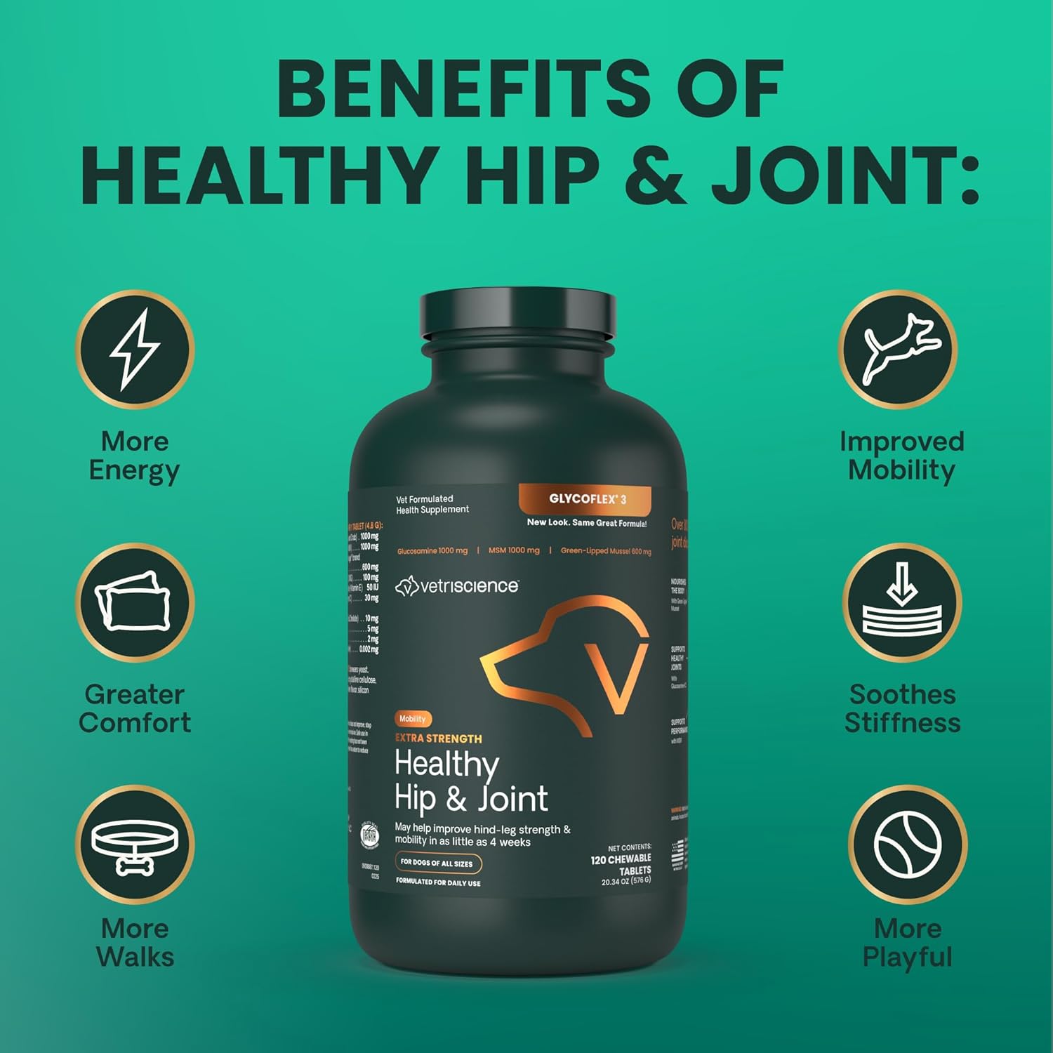 VetriScience Glycoflex 3 Clinically Proven Hip and Joint Supplement for Dogs - Maximum Strength Dog Supplement with Glucosamine, MSM, Green Lipped Mussel & DMG - 120 Chewable Tablets, Chicken Flavor