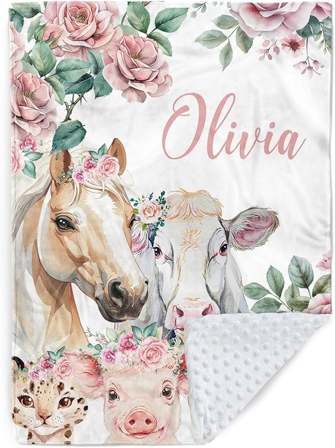 Personalized Baby Blankets for Boys Girls, Custom Baby Blanket with Name, Farm Animals Blanket Personalized, Receiving Swaddle Blanket Suitable for Infants & Toddler, (47" x60)