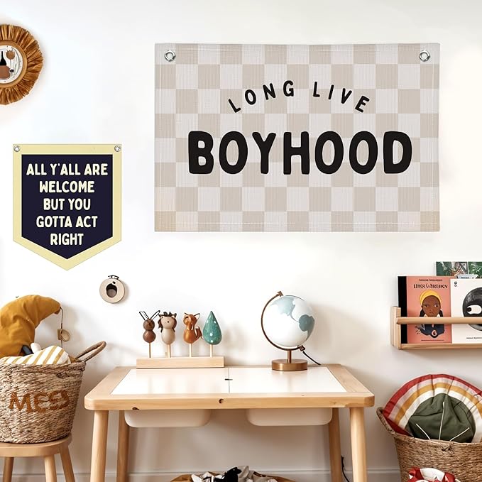 Lacama Long Live Boyhood Boys Room Decor, Linen Banner Wall Hanging Banner Flag Decor for Toddler Boy Room Nursery, Wall Hanging Flag 30x20 Inch