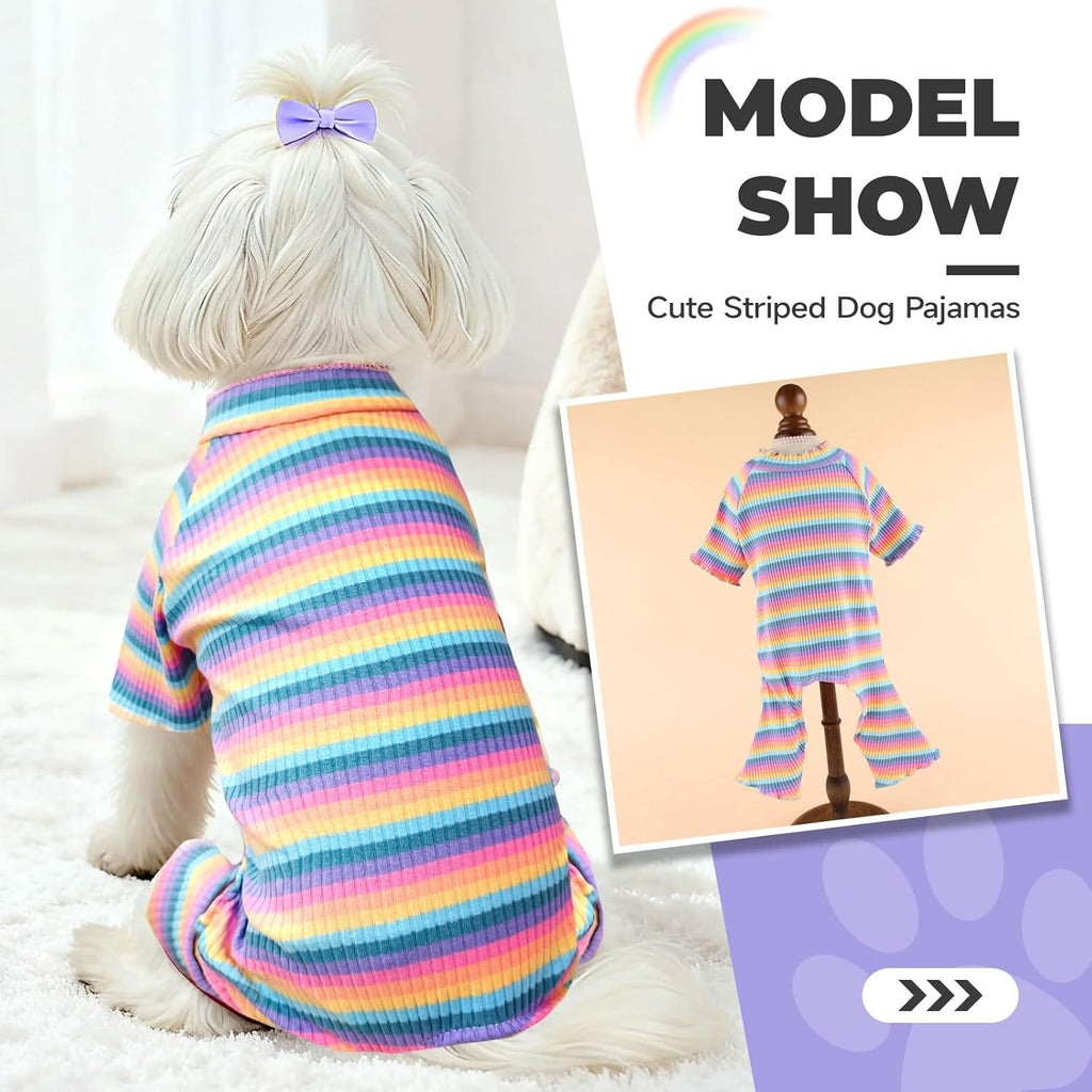 BAEJMJK Striped Dog Pajamas Stretchy Cute Four-Legged Boy Girl Dog Clothes with Sleeves Comfortable Dogs Jumpsuit Colorful Pet Puppy Outfits Apparel for Small Medium Dogs Cats(Pink,Pink,Small)