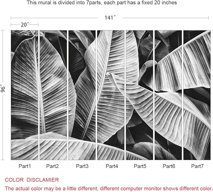 Grey Leaf Wallpaper Tropical Banana Leaves Wall Mural Wallpaper for Bedroom Living Room TV Background Wall Covering(Not Peel n' Stick)