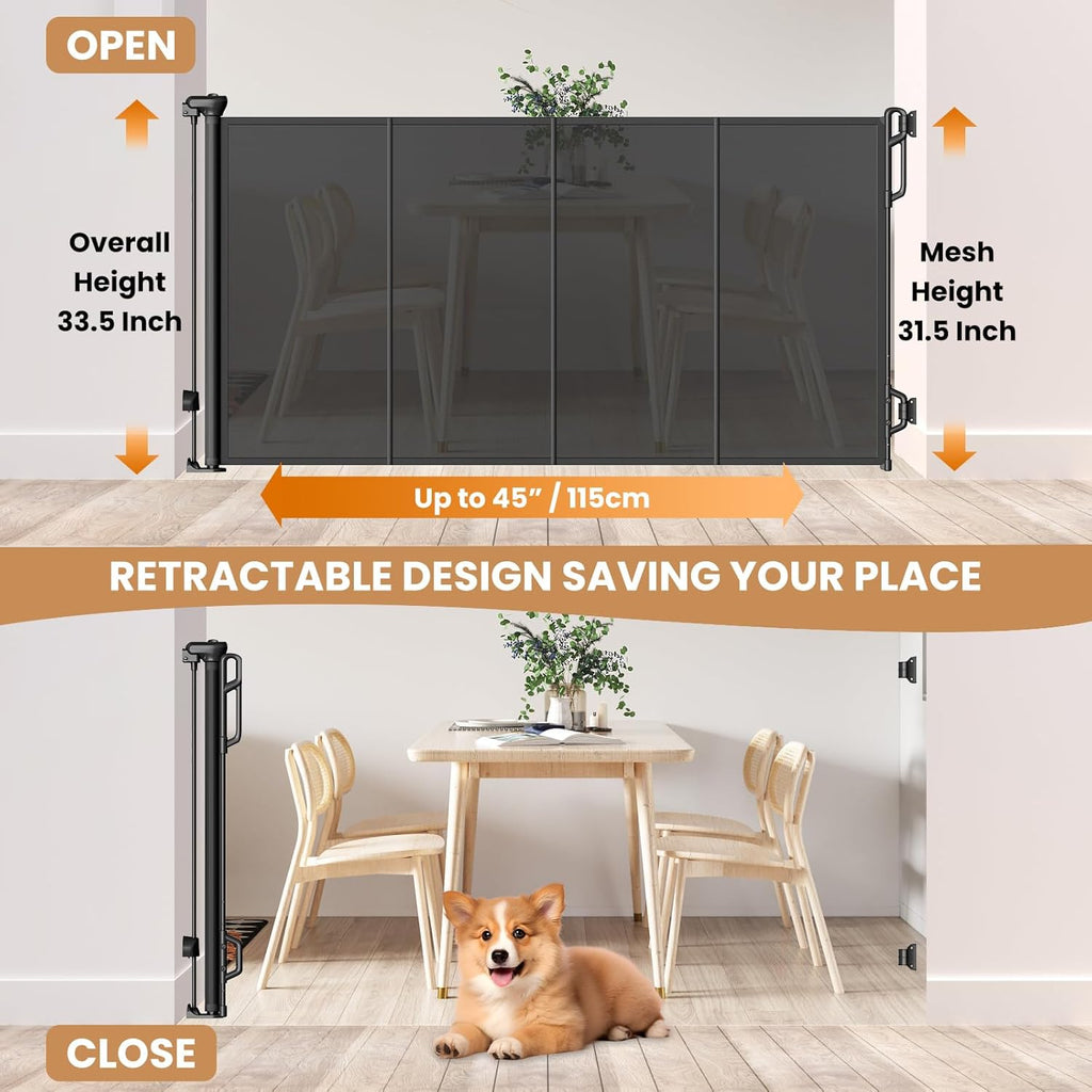 Reinforced Retractable Baby Gate or Mesh Dog Gate,Easy to Use for Stairs, Doorways, Hallways, Indoor, Outdoor, Wide Pet Gate 33.5" Tall, Extends to 45" Wide, Black