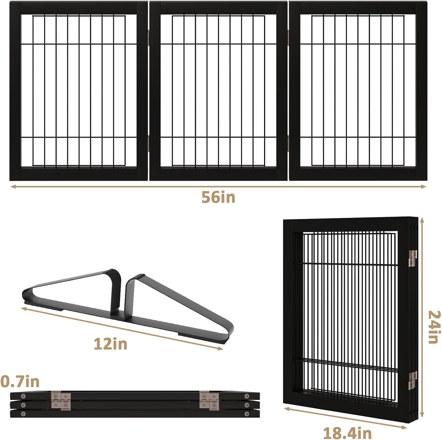 Wire Dog Gate Indoor, Dog Gates for Doorways, Stairs, 24-Inch Tall Freestanding Pet Gates for Dog, Puppy Fence (3 Panel, Black)