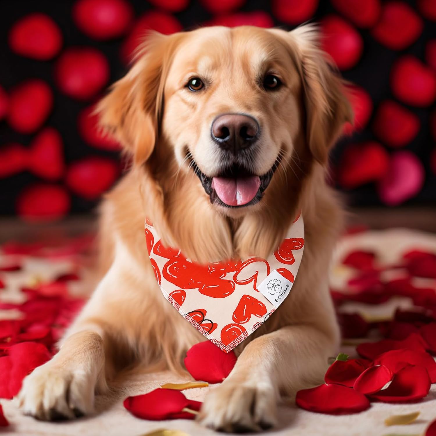 E-Clover Cute Dog Bandana & Matching Scrunchie-Heart Dog Bandanas Red Pet Scarf Bib for Medium Large Dogs Girl Boy Owner Mothers Day Mom Gift