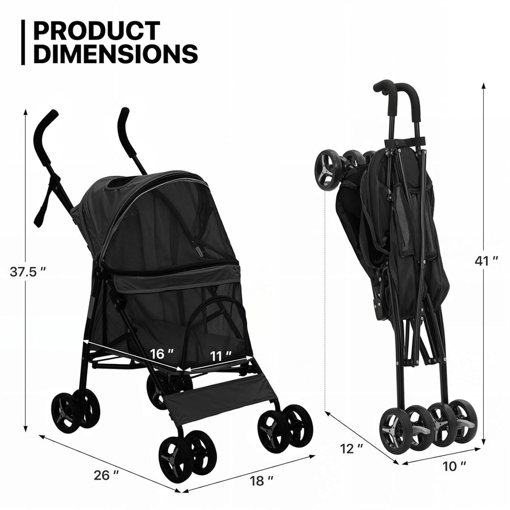 MoNiBloom 4 Wheels Pet Stroller, Easy-Fold Puppy Cage Jogger Stroller with Sun Cover, Pad and Rear Storage Bag, Breathable and Visible Mesh for Small/Medium Pets up to 22 lbs, Black
