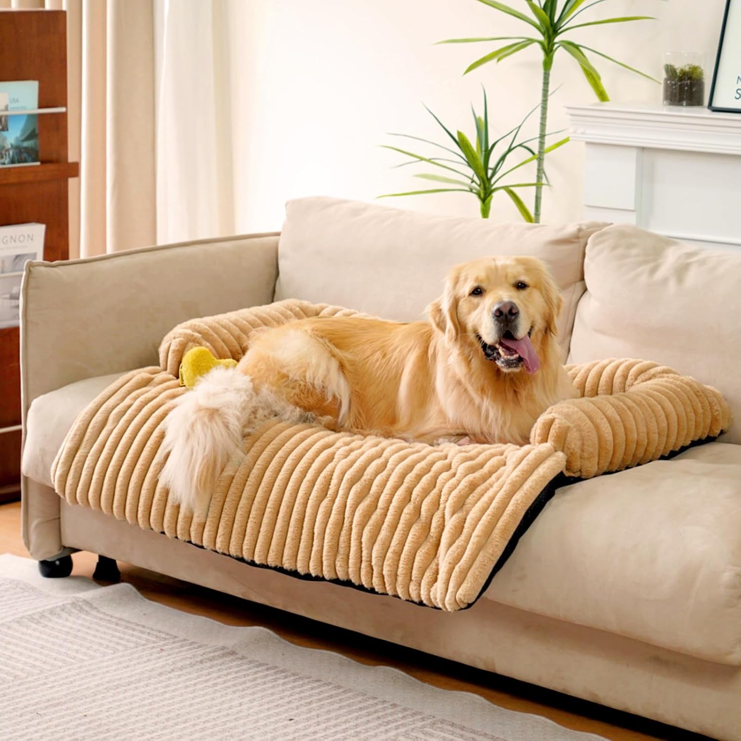 FUNNY FUZZY Pet Couch Cover for Sofa, Calming Dog Bed for Couch, Fluffy Plush Dog Couch Mat for Furniture Protector for Large Medium Small Pets, 47×37 in, Khaki