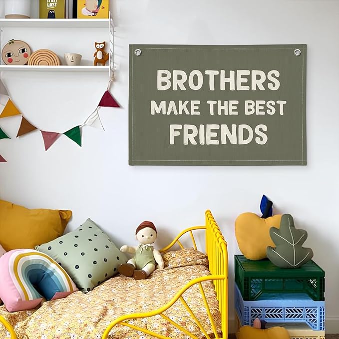 Boy Room Decor, Brothers Make The Best Friends Toddler Room Banner, Linen Canvas Banner Wall Hanging Flag Decor for Nursery Playroom 20x30 Inch