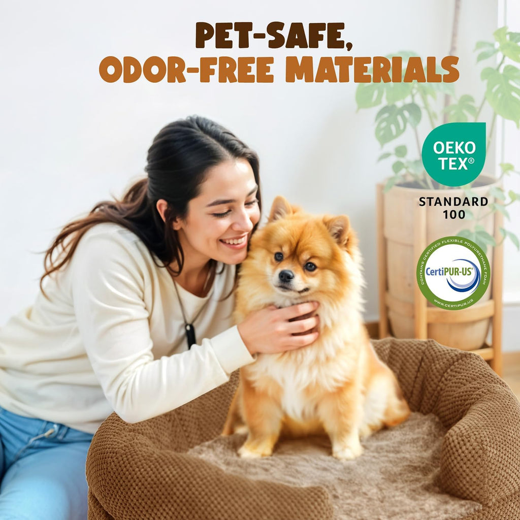 Plush Orthopedic Pet Bed for Small Dogs & Cats, 28" Oval Dog Sofa with Supportive Egg Crate Foam, Washable Removable Cover & Non-Slip Bottom, Bolstered Sides for Comfort, Camel (28")