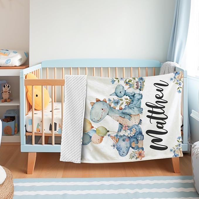 Personalized Baby Name Blanket for Boy Girl, Soft Flannel Blanket with Double Layer Dotted Backing for Infant Newborn, Nursery Crib with Dinosaur Design, Customized Gifts for New Mom(30”x40)