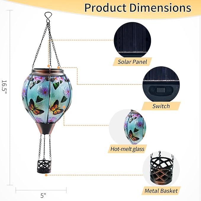 Hot Air Balloon Solar Lantern with Flickering Flame, Glass Hanging Garden Lights Outdoor Waterproof for Tree Yard Patio Mother's Day Gift, 18" H Butterfly