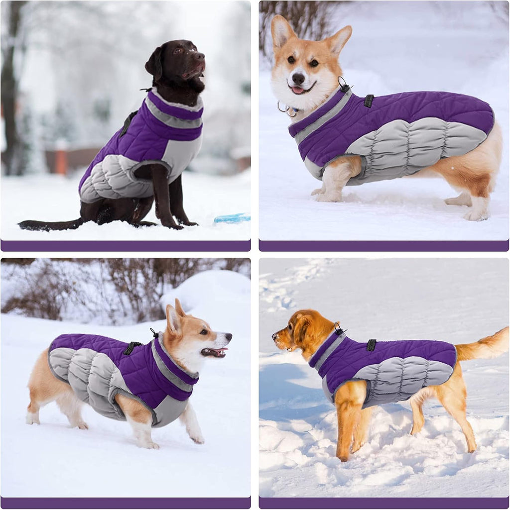 FUAMEY Dog Coat for Large Dogs,Waterproof Dog Winter Jacket with Harness Built in Puppy Cold Weather Coats Reflective Pet Vest with Zipper Warm Fleece Dogs Snowsuit Windproof Purple XL