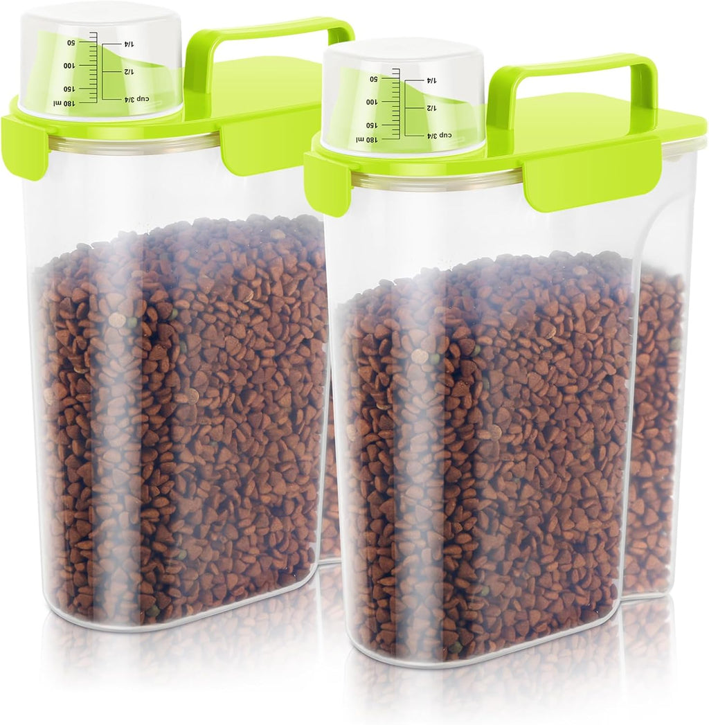 5-7Lbs Cat Dog Storage Container, Portable Pet Food Containers with Upgraded Large Spout and Cup, Small Animal Kibble Dispenser for Bird Seed, Oatmeal, Rice, Flour (2, Bright Green, 5L)