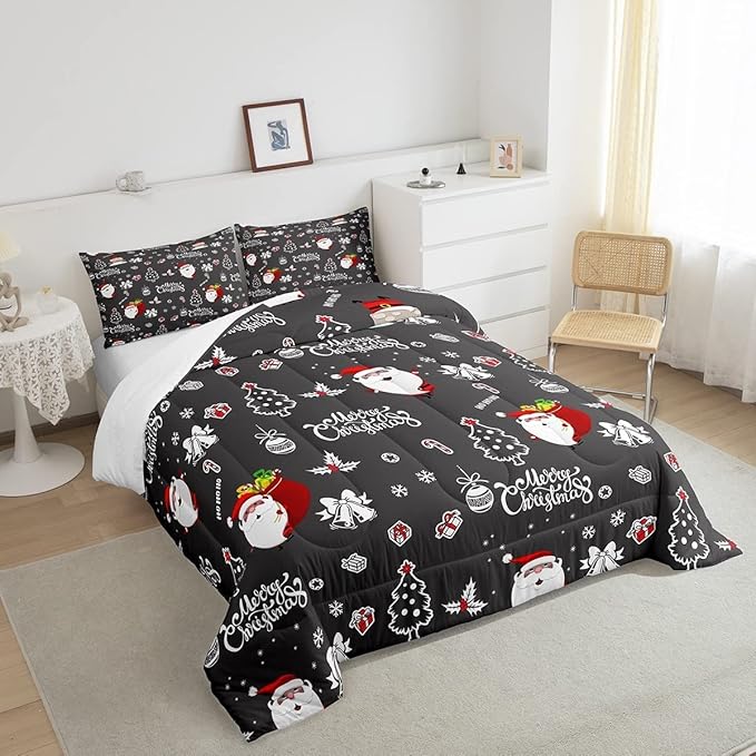 Feelyou Christmas Comforter 3 Pieces Santa Claus Comforter Set White Snowflake Christmas Printed Xmas Festival Bedding Set with 2 Pillowcases (Queen, Grey Black) Boys