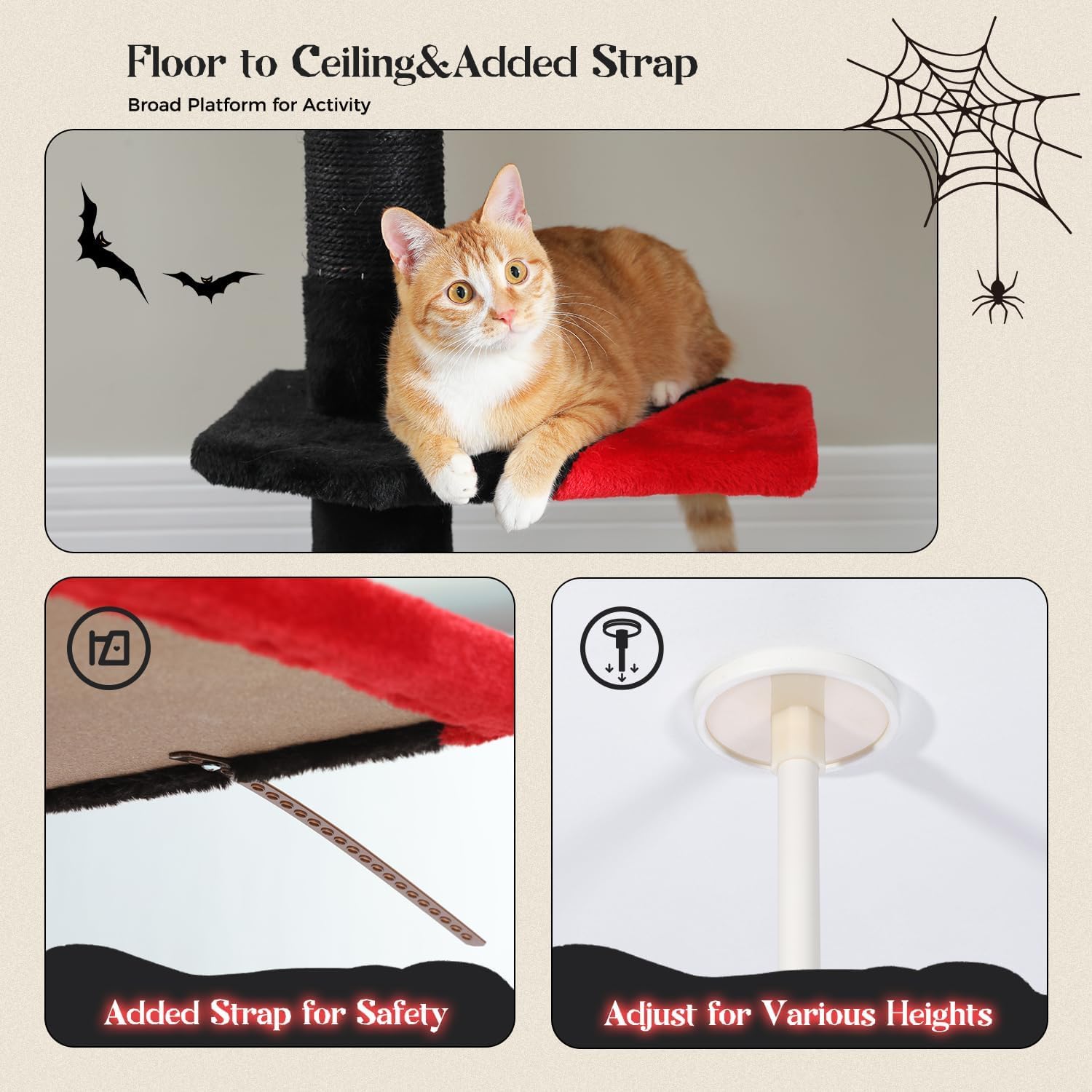 PAWZ Road Gothic Cat Tree, Floor to Ceiling Cat Tower with Adjustable Height (86.8-120 Inches), 5 Tiers Black Cat Condo with Cozy Hammock, Fully Scratching Posts and Dangling Balls for Indoor Cats