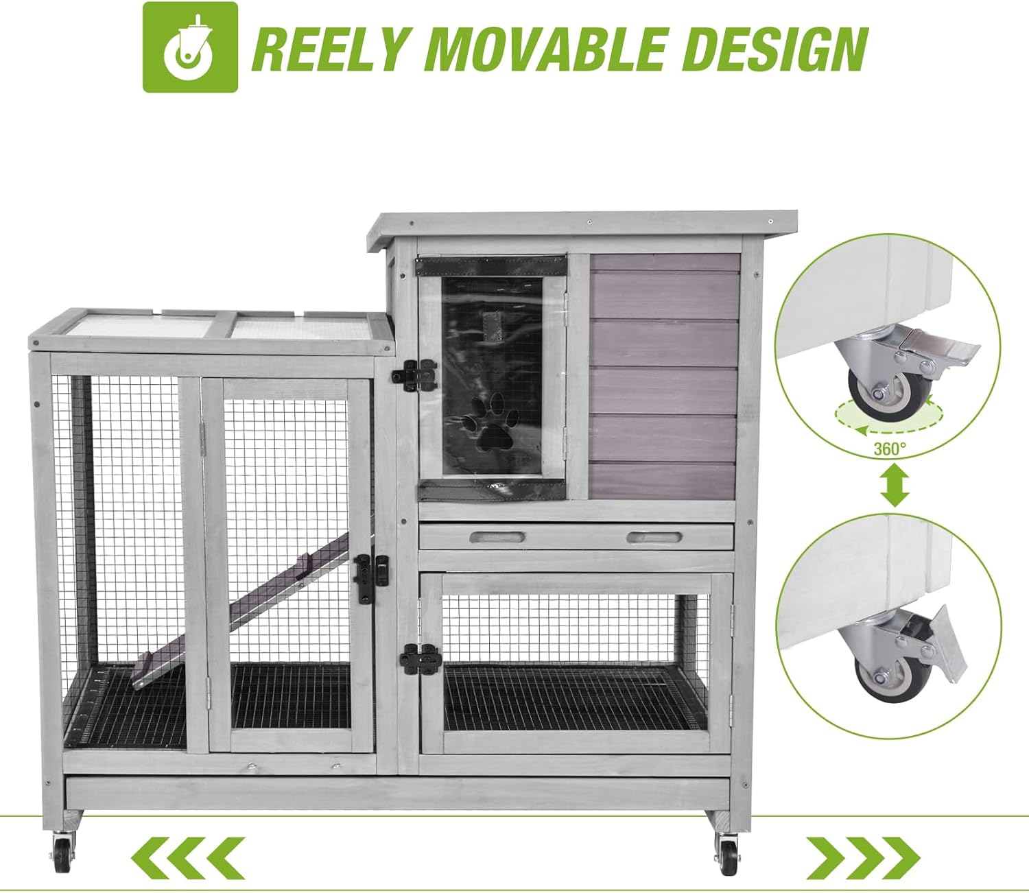 GUTINNEEN 2-Story Rabbit Hutch Indoor with Chew-Proof Ramp & Slide-Out Plastic Trays - Wooden Small Animal Cage Guinea Pig Cages with Wheels for 2-4 Rabbits, Bunnies, and Guinea Pigs (Grey)