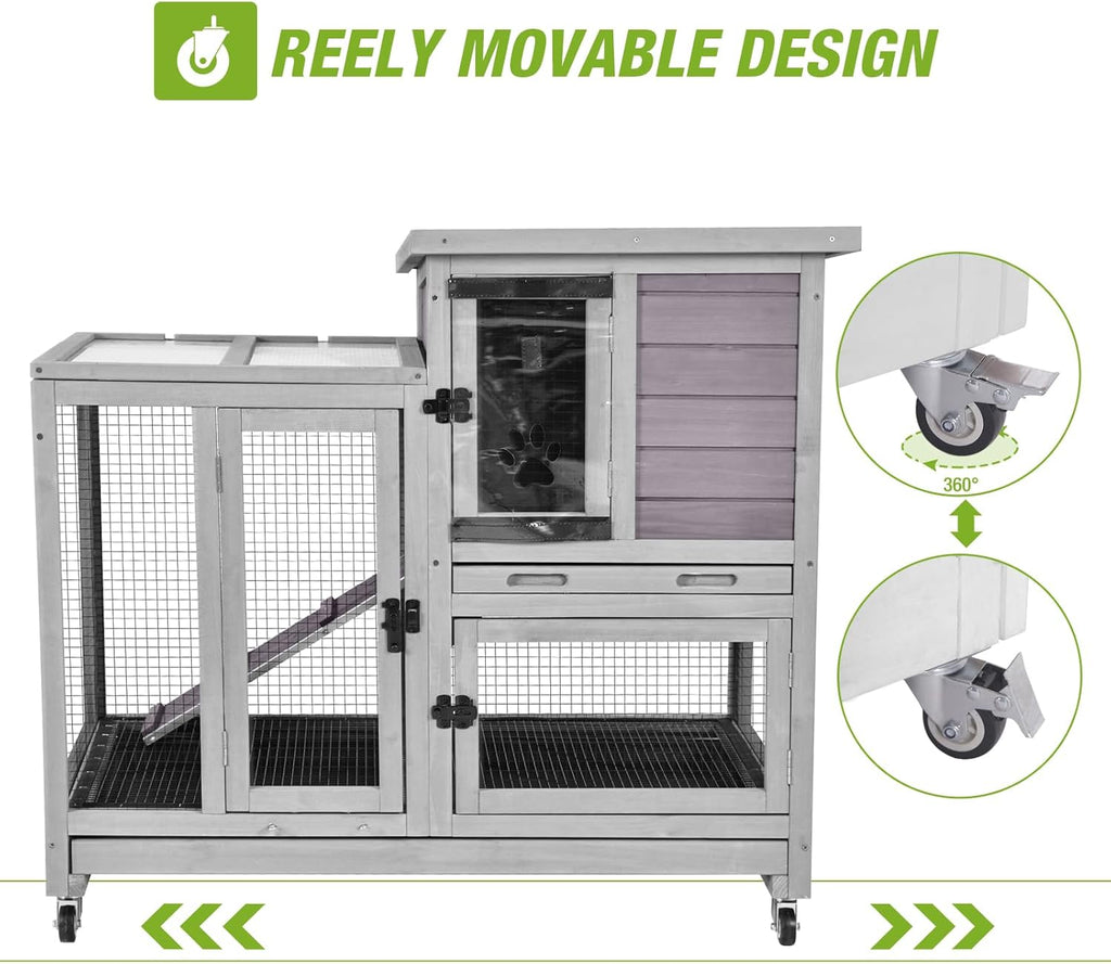 GUTINNEEN Indoor Rabbit Hutch Guinea Pig Cages with Chew-Proof Ramp, 2-Story Wooden Bunny House with Pull-Out Tray & Lockable Caster Wheels, Small Animal Cage for 2-4 Rabbits & Guinea Pigs (Grey)