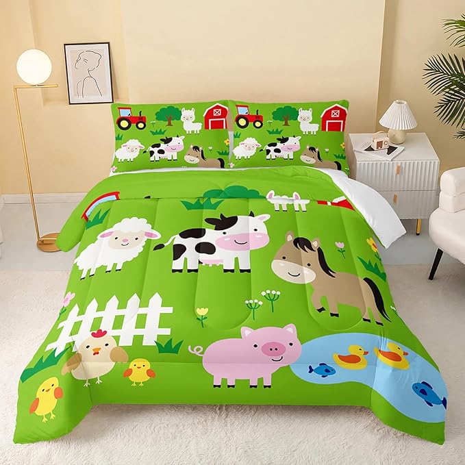 QOOMO Farm Animal Comforter,Pig Cow Sheep Comforter Set for Kids Teens Girls Boys,3Pcs Bedding Set Printed Comforter with 2 Pillowcases,Down Alternative,Soft and Lightweight，Queen Size