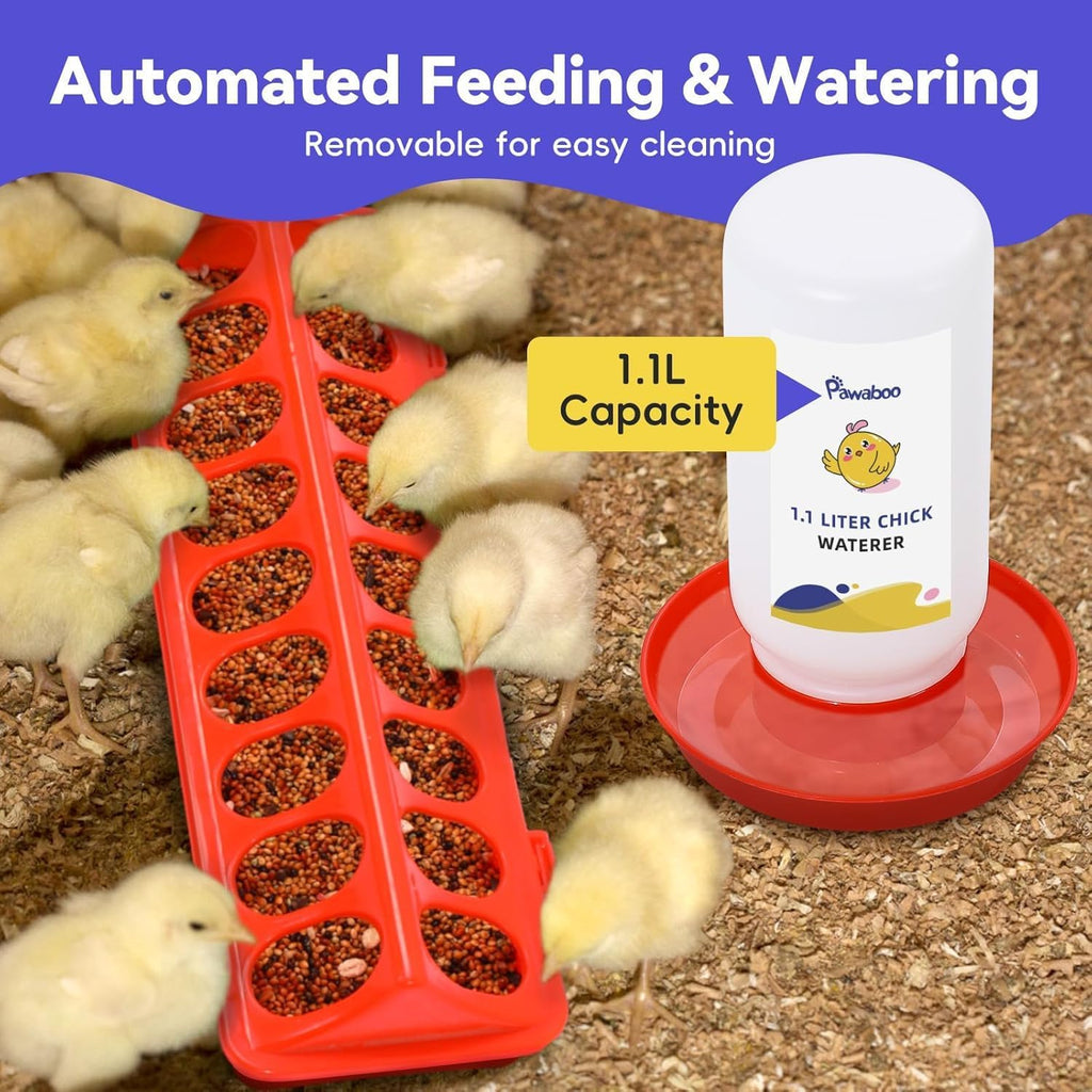 Pawaboo 5-in-1 Chicken Brooder Box for Chick Starter Kit, Includes Pet Cage Tent, Chicks Perch, Chick Feeder, 1.1L Chick Waterer, Baby Chick Supplies (Brooder Set), Green + Red + Wood Color