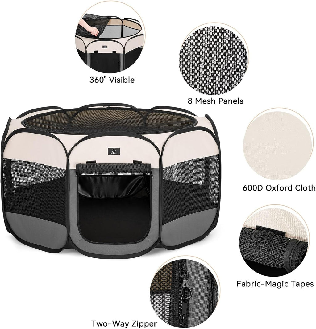 A4Pet Dog Playpen Indoor, 49” Portable Playpen with Bowl, Suitable for Puppies, Kittens, and Small Animals, Removable Zipper & Mesh Panel(16”W × 10”H)
