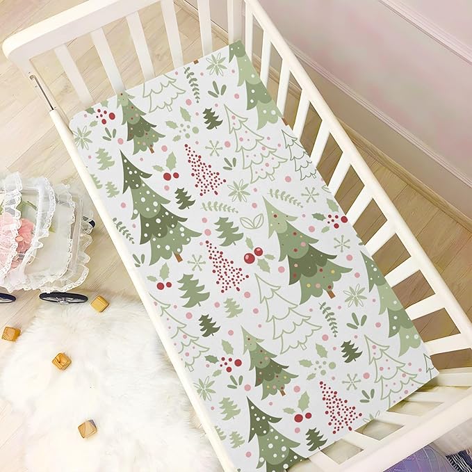 Cartoon Christmas Tree Crib Sheets for Boys Girls Pack N Play Sheet Soft Breathable Mini Crib Sheets 39" x 27"