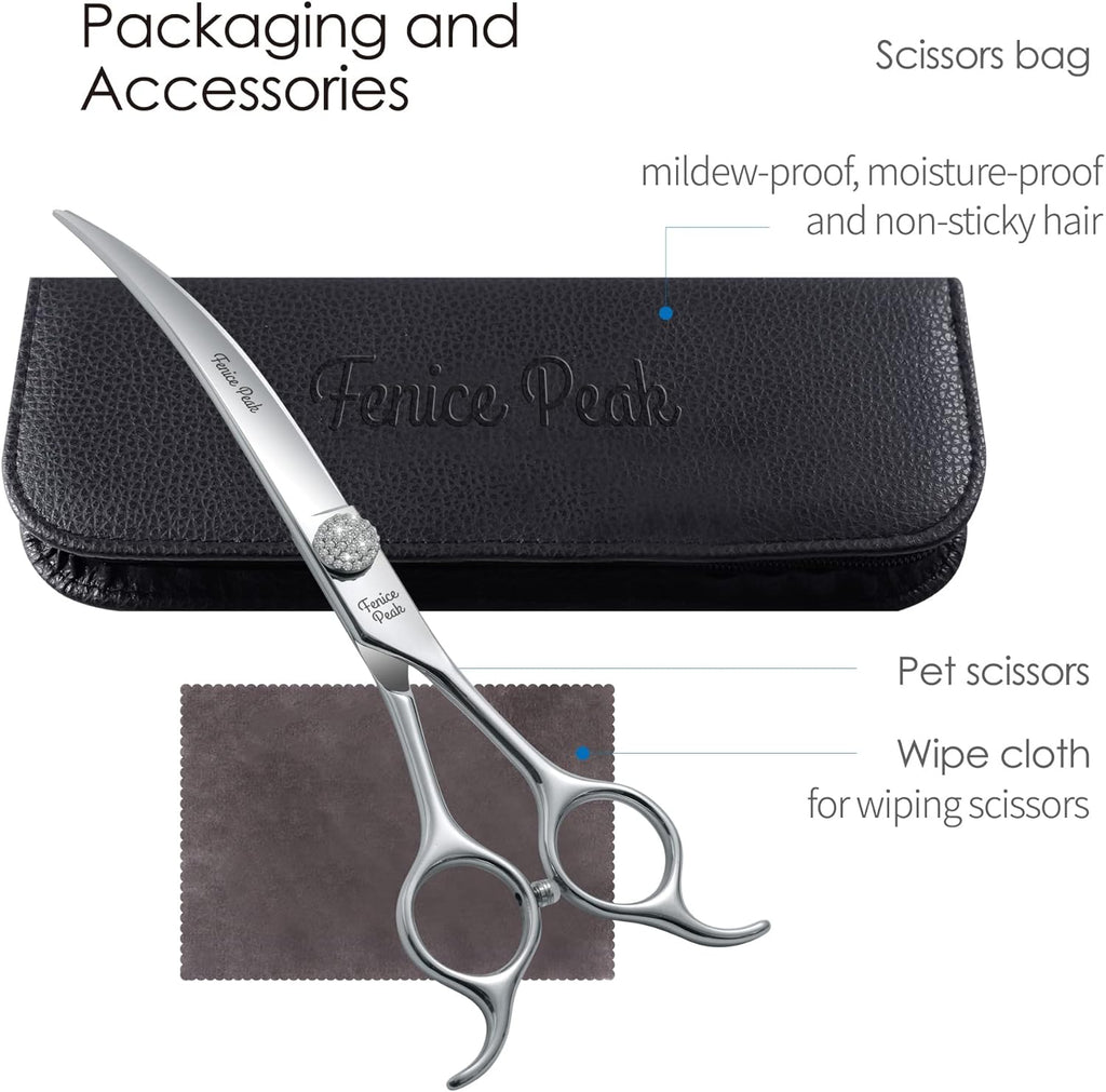 Fenice Peak 7.5‘’ Super Curved Dog Grooming Scissors with Jewelled Screw 440C Stainless Steel Pet Grooming Bending Scissors with Symmetrical Handle for Groomer and Home User