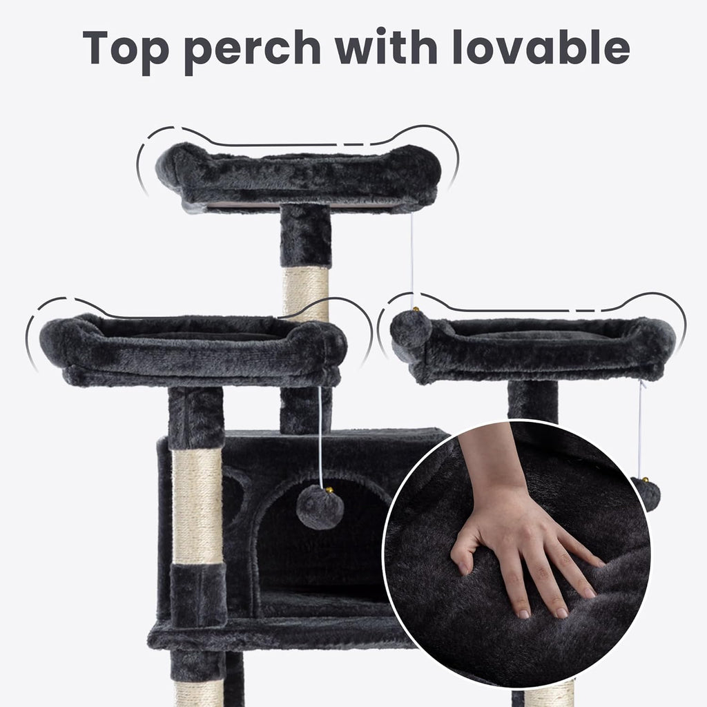 SHA CERLIN 68 Inches Multi-Level Large Cat Tree for Large Kitties/Big Cat Tower with Condo/Cozy Plush ‌Pussycat Perches/Sisal Scratching Posts and Hammocks/Activity Center/Dark Grey