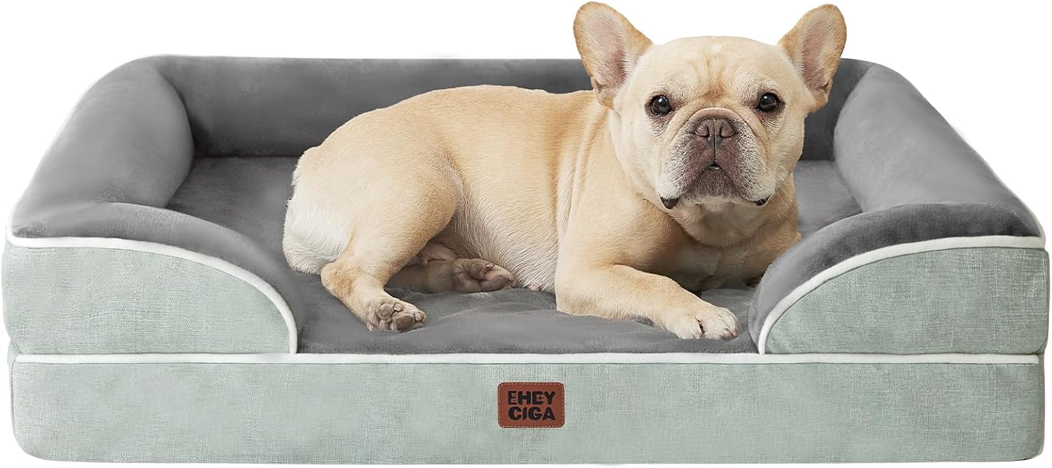 EHEYCIGA Orthopedic Dog Bed for Small Dogs, Waterproof Memory Foam Small Dog Beds with Sides, Non-Slip Bottom and Egg-Crate Foam Medium Pet Couch Bed with Washable Removable Cover, Greyish Green