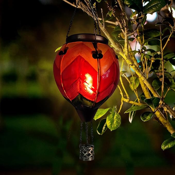 Glass Solar Hot Air Balloon Lantern with Flame Hanging Garden Flickering Light Outdoor Waterproof for Yard Patio Tree Mother's Day Gift, Wavy-Colorful