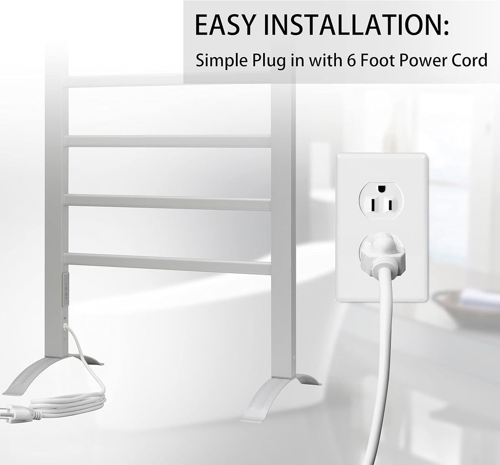 KEG Towel Warmer 6 Bars for Bathroom Freestanding or Wall Mounted Bath Towel Heater Plug-in with Built-in Timer Silver