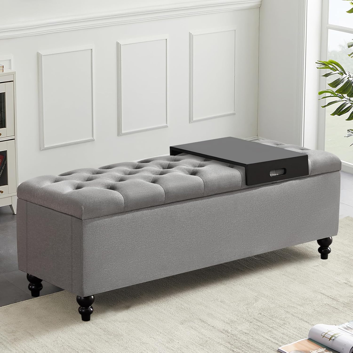 Ottoman with Storage,50.2-inch Upholstered End of Bed Storage Bench for Bedroom,for The Living Room,for Entryway, with Tray & Button and Safety Hinges,Detachable (Grey)