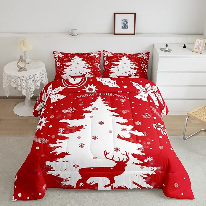 Feelyou Christmas King Size Comforter Set King 3 Pieces Tree Snowflake Deer Printed Bedding Comforter,1 Comforter + 2 Pillow Cases