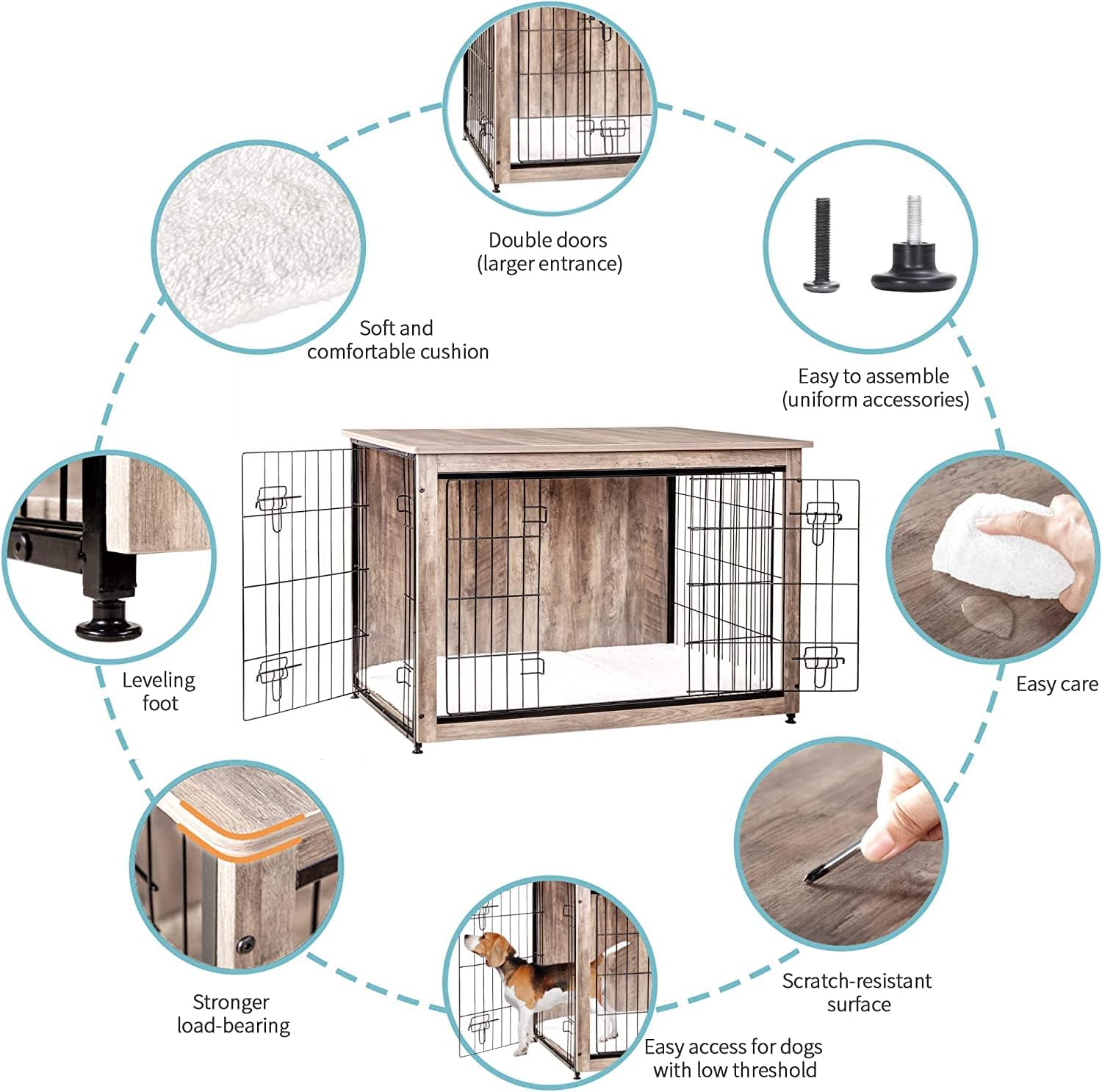 DWANTON Dog Crate Furniture with Cushion, Wooden Kennel Table with Double Doors, Indoor Dog House, Large Size, 38.5" L, Greige