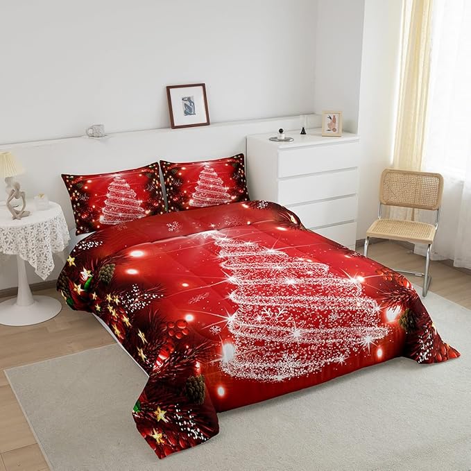 Feelyou Kids Merry Christmas Decorations Comforter Set, Kids Santa Tree Bedding Set King Size for Boys Girls Teens Xmas Christmas Bell Decor Comforter Glitter Red Quilt Set