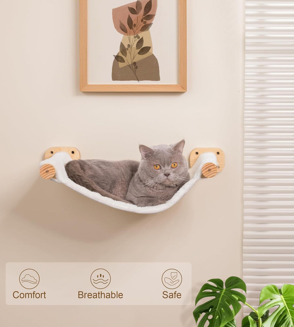 Cat Wall Shelves with 1 Floating Fabric Hammock, 2 Ladders with 4 Steps Each & 1 Flat Cat Shelf, Wall Mounted Bed Furniture & Climber, Indoor Playground